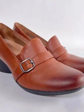 Dansko Rosalie Brown Burnished Leather Strap Buckle Block Heel Loafers Pumps